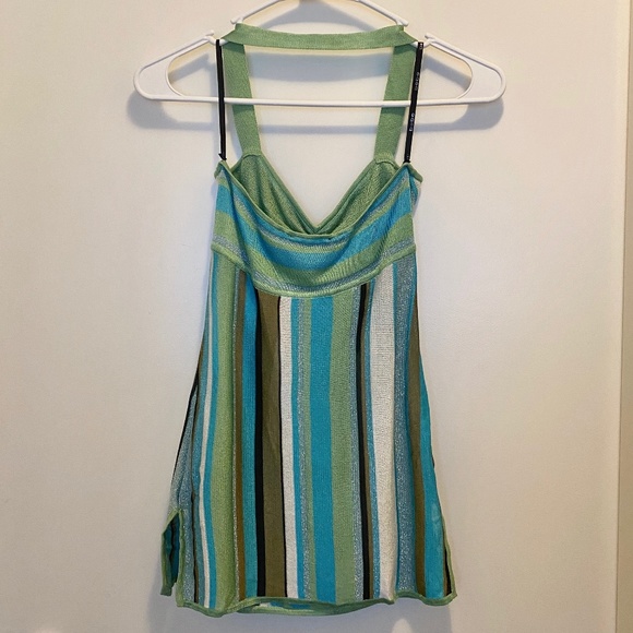 Bebe Sparkle Striped Halter Top Green Blue XS - Picture 3 of 10